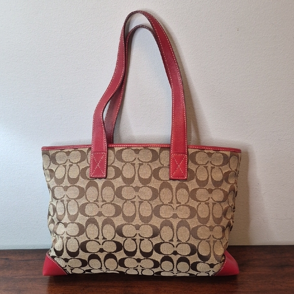 Coach Tan Signature Canvas Tote with Red Leather Trim Vintage K1J-6082 - Picture 4 of 15